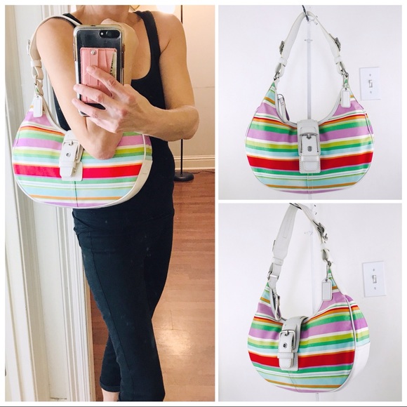 Coach Handbags - Coach Hamptons Sateen Striped Hobo Shoulder Bag